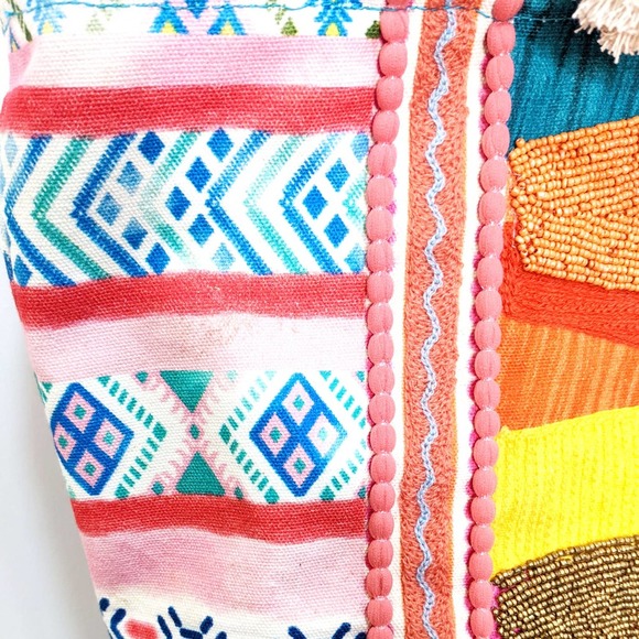 Casey Key Beaded Cotton Boho Bright Rainbow Multicolor Rope Tote Bag Purse - Picture 10 of 12